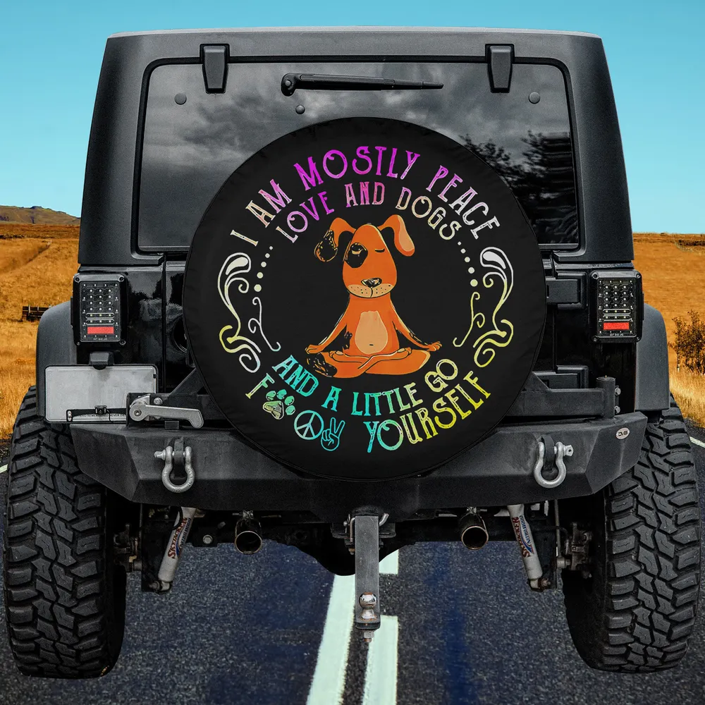 Yoga dog peace love rainbow text spare tire cover with no camera hole for Jeep or SUV