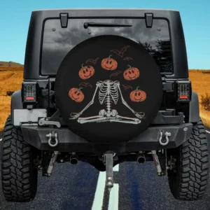 Yoga skeleton with jack-o-lanterns and bats Halloween spare tire cover no camera hole for Jeep RV