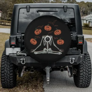 Yoga skeleton jack-o-lantern bats Halloween spare tire cover with camera hole for Jeep Bronco