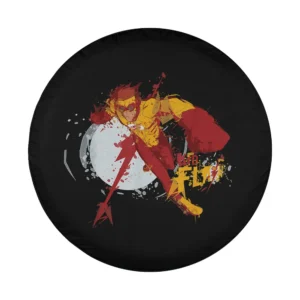 Young Justice splatter art Kid Flash logo design closeup for spare tire cover