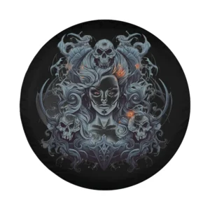 Zombie witch skull swirling hair Halloween design for spare tire cover