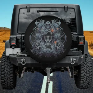 Zombie witch with swirling hair and skulls Halloween spare tire cover no camera hole