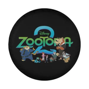 Zootopia 2 illustrated animal characters and logo design for spare tire cover