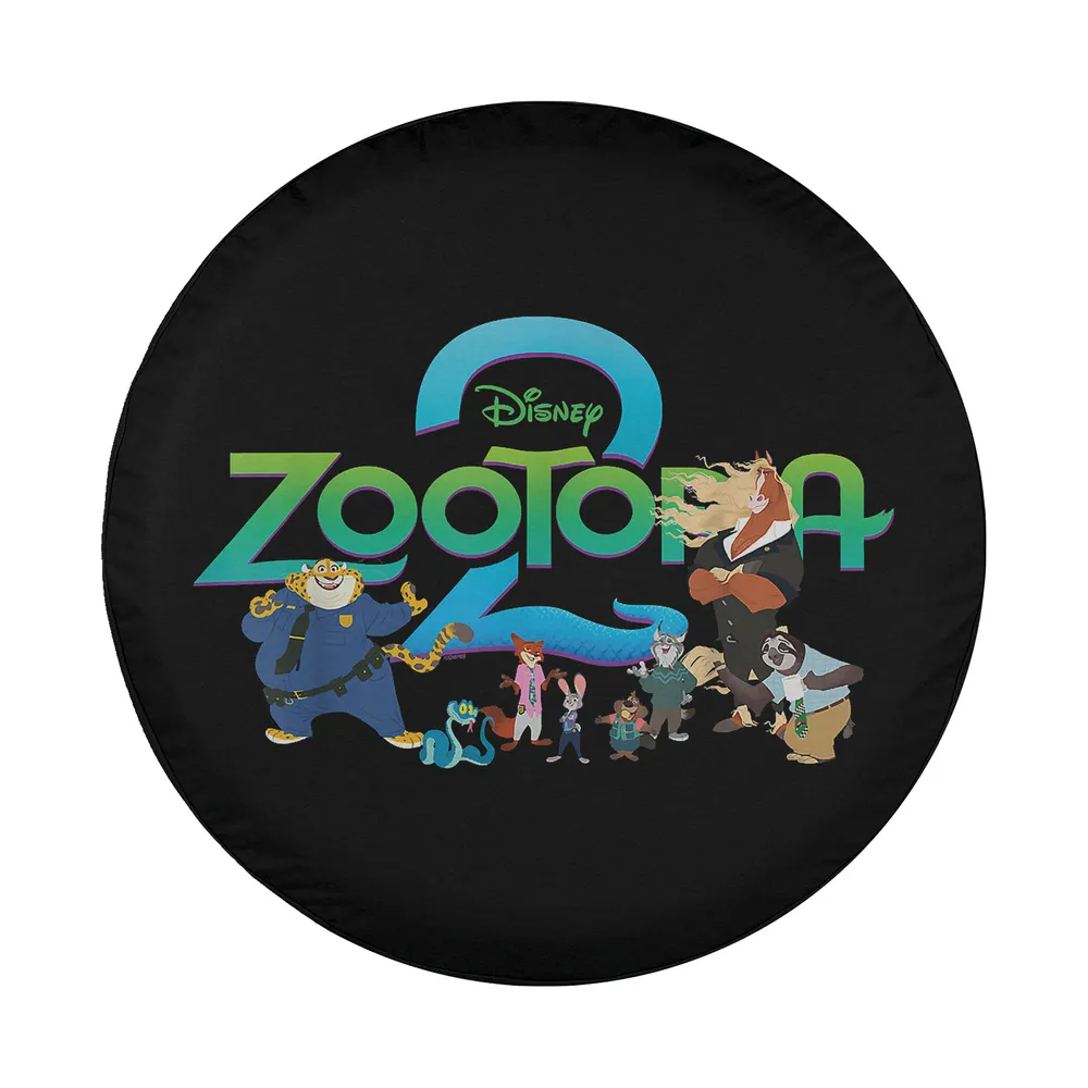 Zootopia 2 illustrated animal characters and logo design for spare tire cover