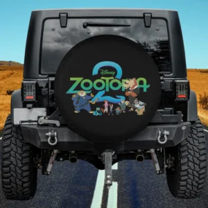 Zootopia 2 illustrated animal characters spare tire cover on Jeep Cherokee, no camera hole