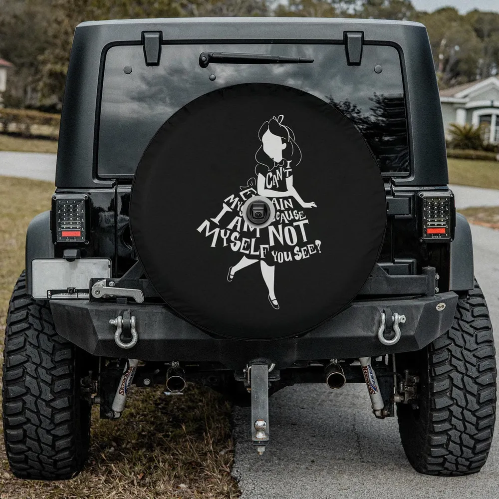 Alice silhouette with text quote Disney spare tire cover with camera hole