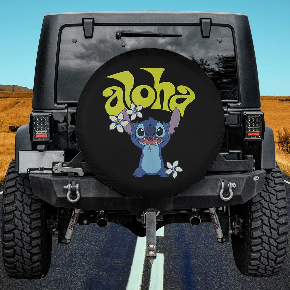 Aloha Stitch plumeria flowers Disney spare tire cover on Jeep with no camera hole