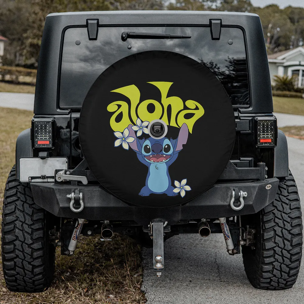 Aloha Stitch plumeria flowers Disney spare tire cover with backup camera hole option