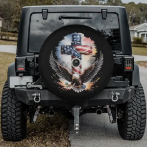 Mercedes G-Wagon spare tire cover with American flag cross and bald eagle, camera hole option