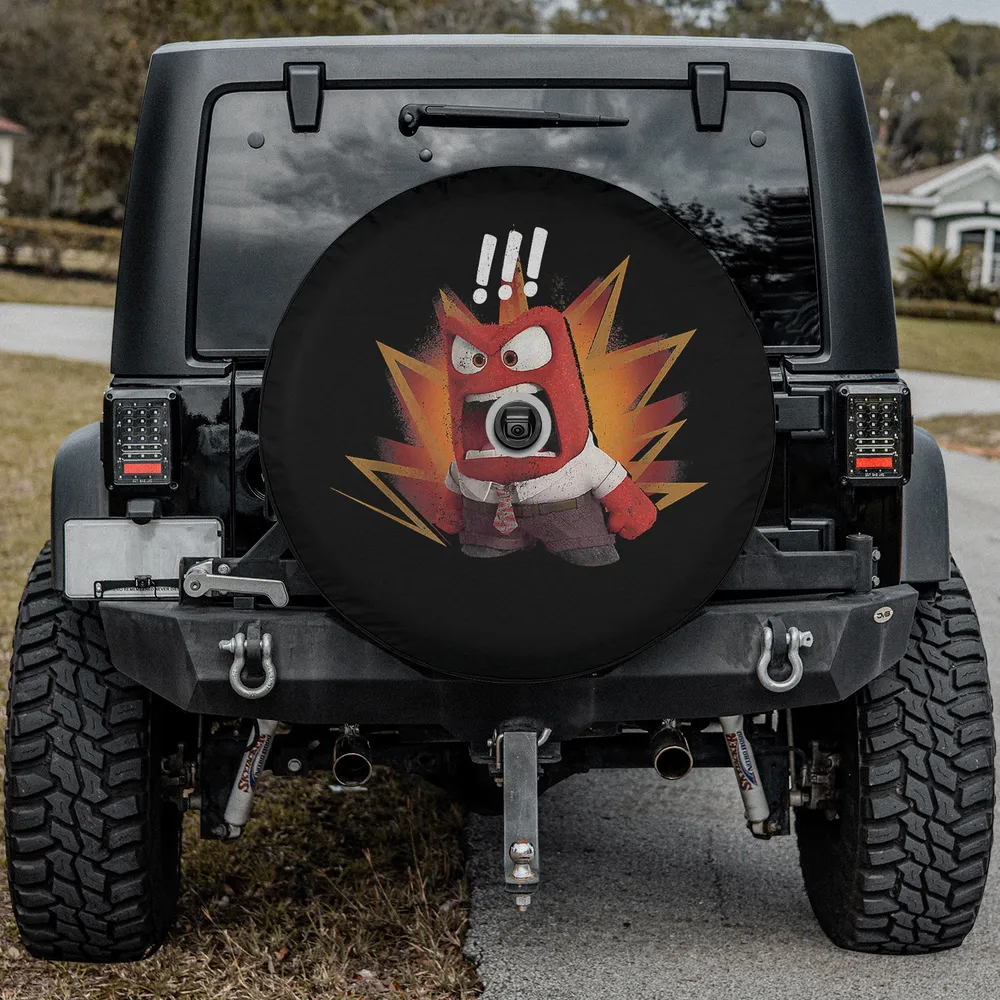Anger character with explosion burst from Inside Out on spare tire cover, with camera hole