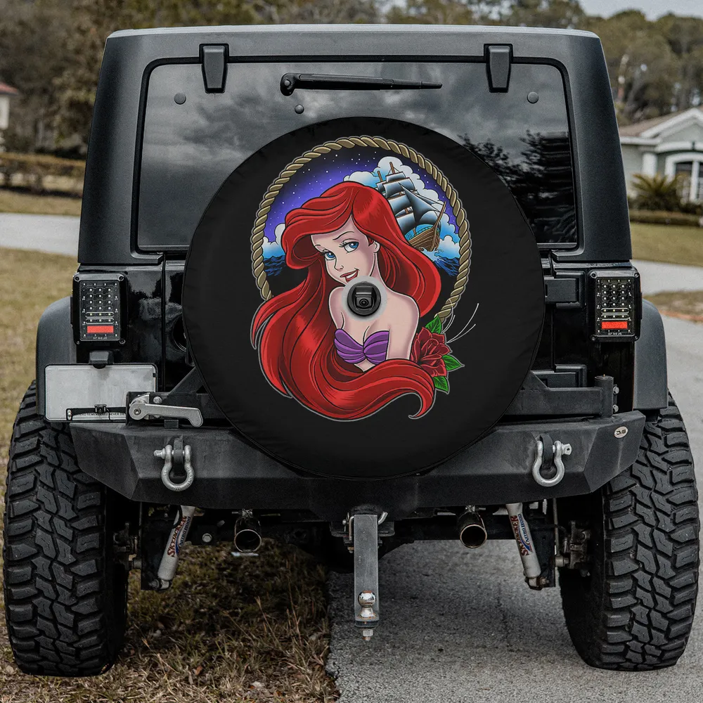 Ariel rope circle ship disney spare tire cover with backup camera hole on Jeep