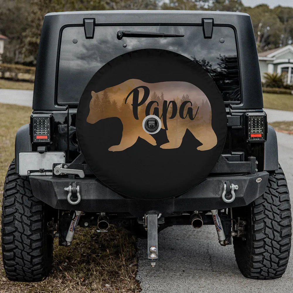 Papa bear forest silhouette camping spare tire cover with camera hole for Jeep, RV, SUV, Truck, Trailer