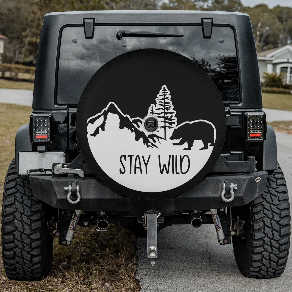 Bear mountain pine tree stay wild spare tire cover with backup camera hole installed