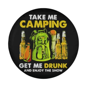 Take Me Camping spare tire cover with beer bottles and green backpack art