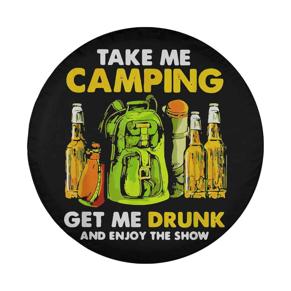 Take Me Camping spare tire cover with beer bottles and green backpack art