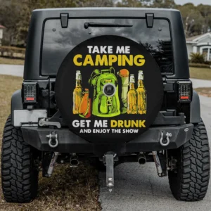 Beer bottles and green backpack camping spare tire cover with camera hole option