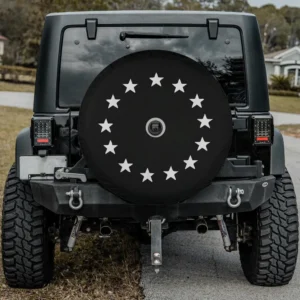white circle stars betsy ross flag revolutionary war spare tire cover with camera hole