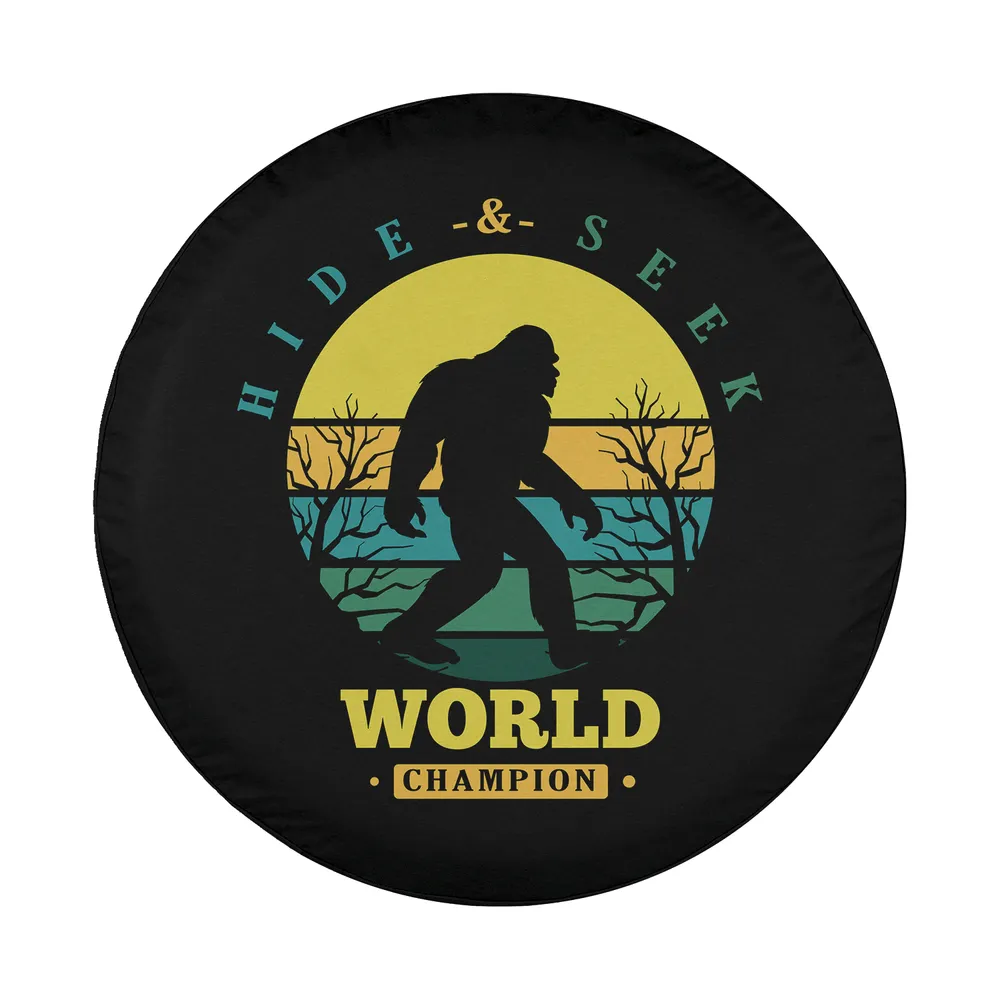 Bigfoot retro sunset hide and seek world champion design for spare tire cover
