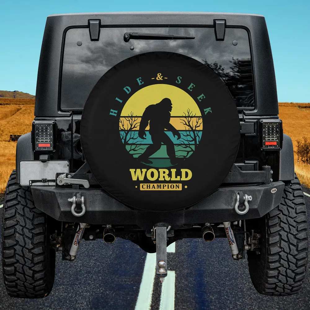 Retro Sunset Bigfoot Silhouette Hide and Seek World Champion Spare Tire Cover No Camera Hole