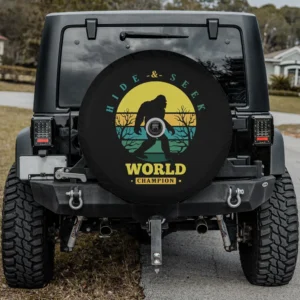 Bigfoot retro sunset hide and seek world champion spare tire cover with camera hole for SUV and trailer