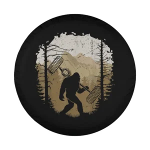 Vintage Bigfoot Sasquatch and tire tracks mountain design for spare tire covers