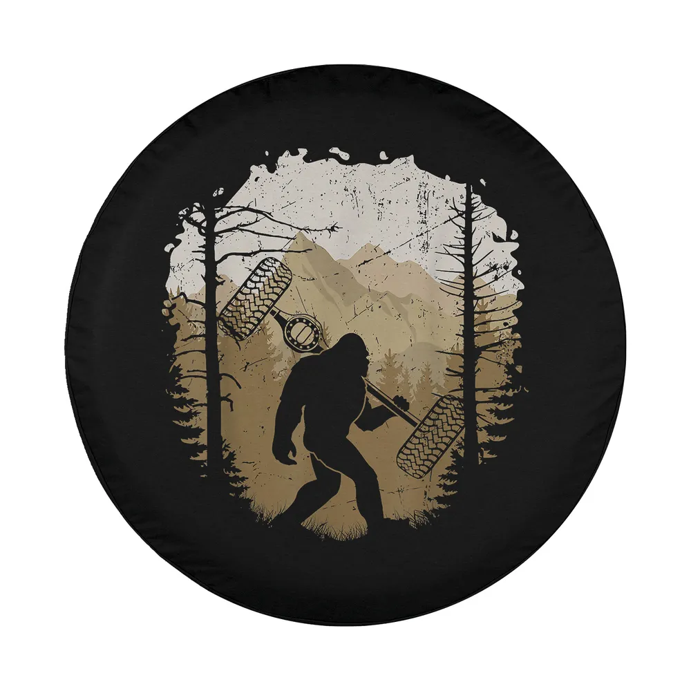 Vintage Bigfoot Sasquatch and tire tracks mountain design for spare tire covers