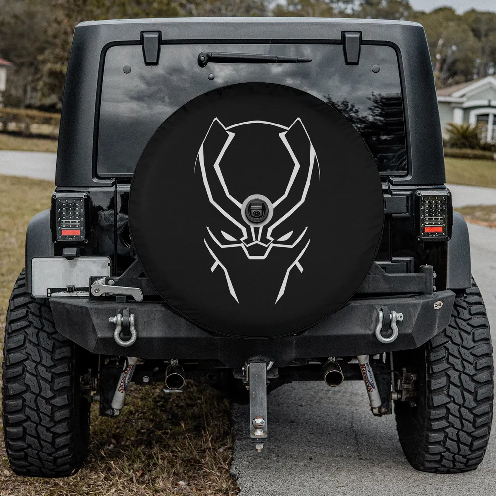 Black Panther minimalist line art Marvel Avengers spare tire cover with camera hole for SUV