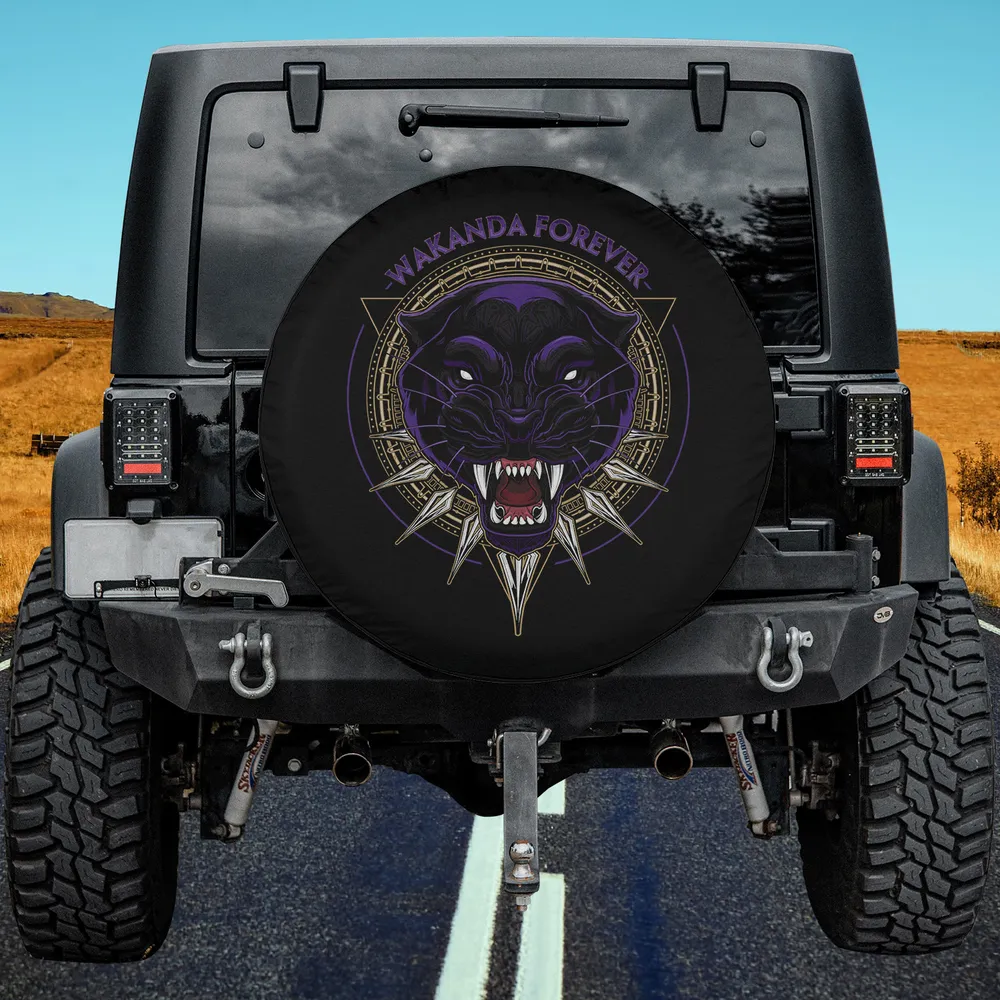 Black Panther Wakanda Forever tribal circle spare tire cover with no camera hole