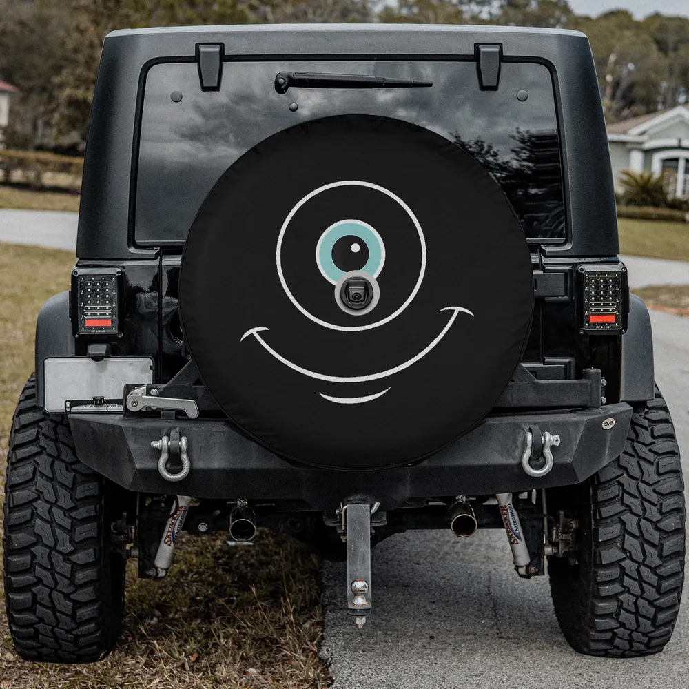 Blue cartoon eye wide smile Monsters Inc spare tire cover with camera hole for SUV