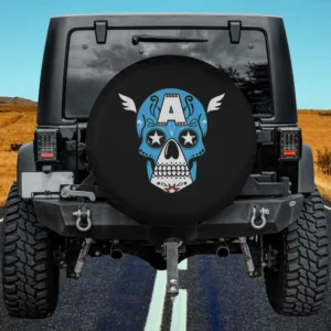 Blue winged star eyes Captain America sugar skull spare tire cover with no camera hole on Jeep