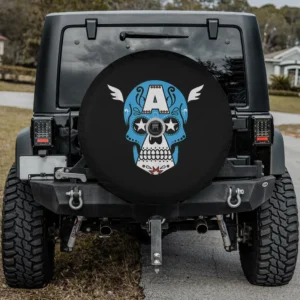Blue winged star eyes Captain America sugar skull spare tire cover with backup camera hole