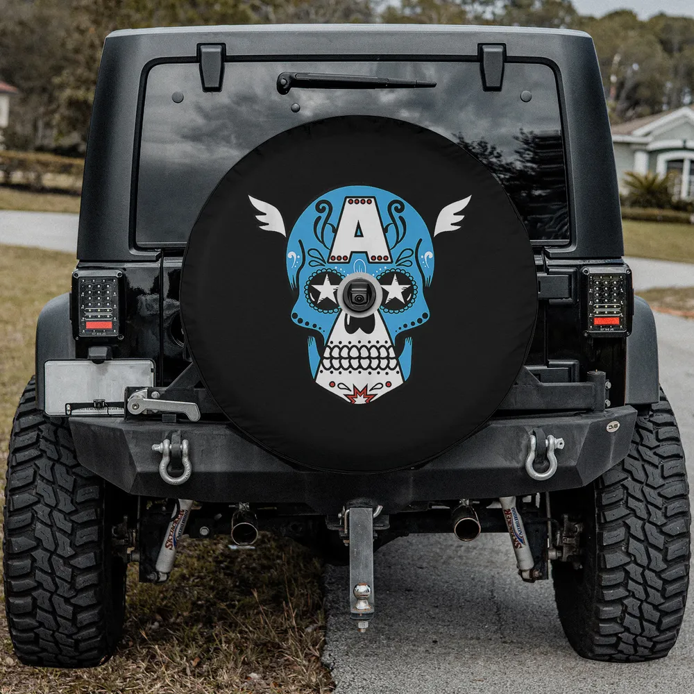 Blue winged star eyes Captain America sugar skull spare tire cover with backup camera hole