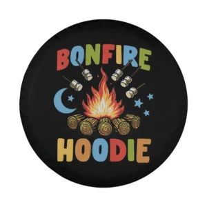 Bonfire Hoodie spare tire cover design with bonfire, marshmallows, moon, stars