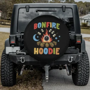 Bonfire Hoodie camping spare tire cover with marshmallows and moon, with camera hole