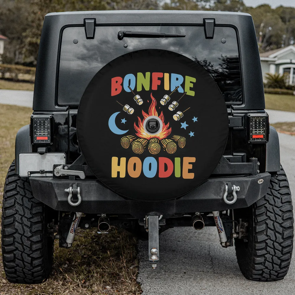Bonfire Hoodie camping spare tire cover with marshmallows and moon, with camera hole
