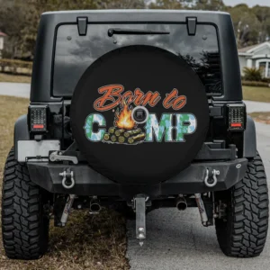 born to camp fire camo camping spare tire cover with backup camera hole for SUV
