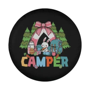 Cartoon bunny in pink bow tent with camping gear and pine trees design