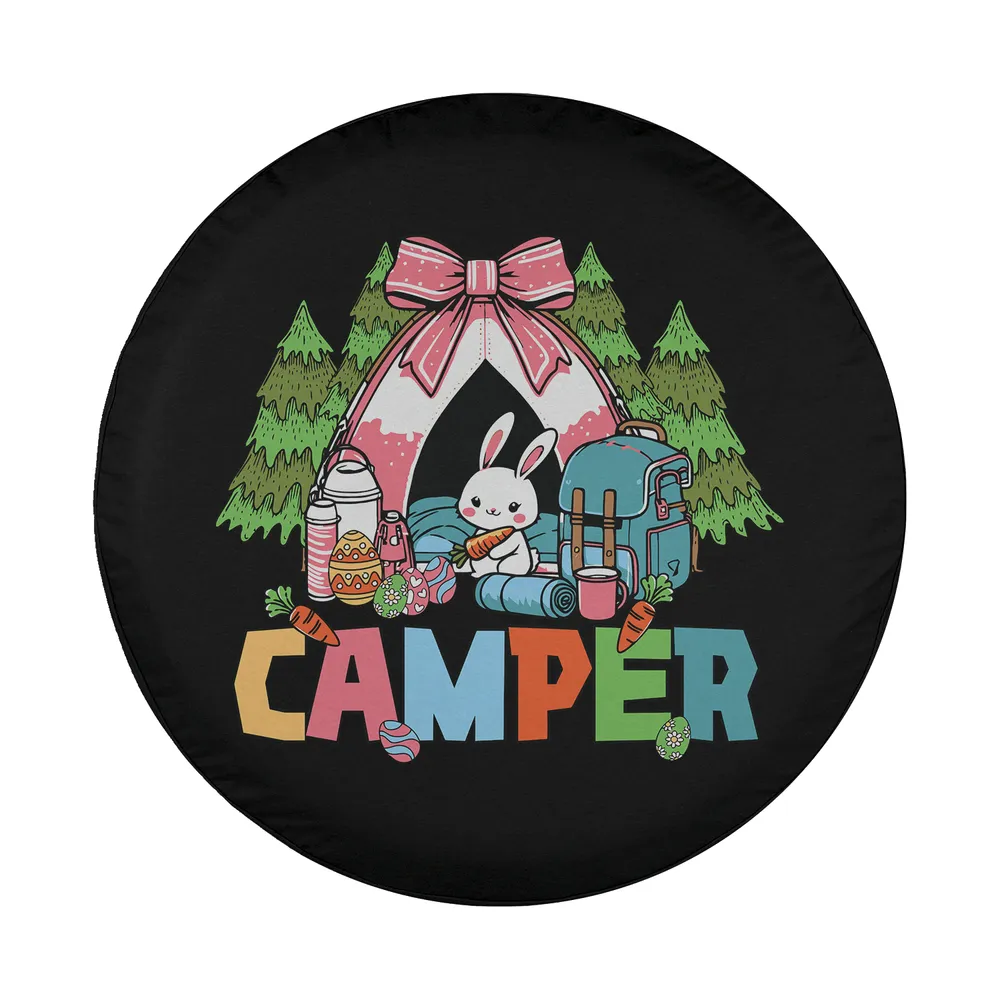 Cartoon bunny in pink bow tent with camping gear and pine trees design