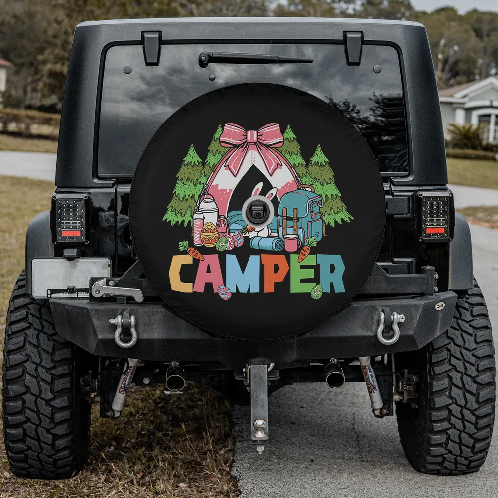 Pink bow tent bunny camper camping spare tire cover with backup camera hole