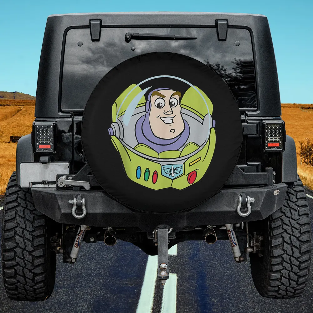 Buzz Lightyear cartoon face with space helmet spare tire cover on Jeep