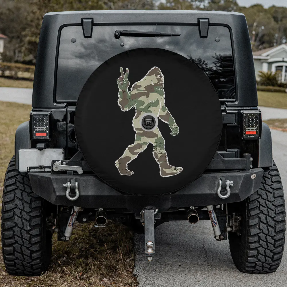 Camo peace sign Bigfoot Sasquatch spare tire cover for G-Class with camera hole