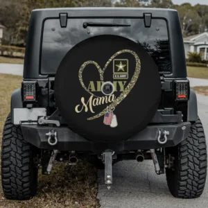 Mercedes G-Class spare tire cover with camera hole, camouflage heart, Army Mama, dog tags
