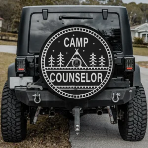 Camp Counselor forest tent badge spare tire cover with backup camera hole for Jeep, RV