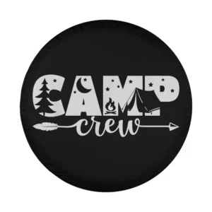 CAMP CREW spare tire cover graphic with pine tree, moon, tent, arrow for camping lovers