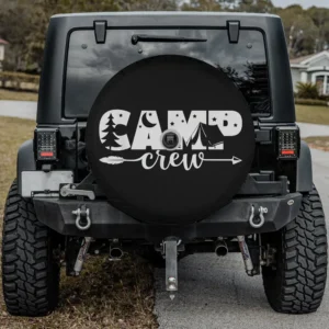 Spare tire cover CAMP CREW design with pine tree, moon, tent, arrow, backup camera hole