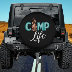 Camp Life spare tire cover with flame and firewood for camping vehicles, no camera hole
