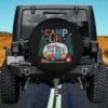 Camp Life retro camper trailer camping spare tire cover with pine trees and campfire, no camera hole