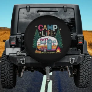Camp Life retro camper trailer camping spare tire cover with pine trees and campfire, no camera hole
