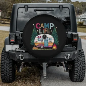Camp Life retro camper trailer camping spare tire cover with pine trees and campfire, with camera hole