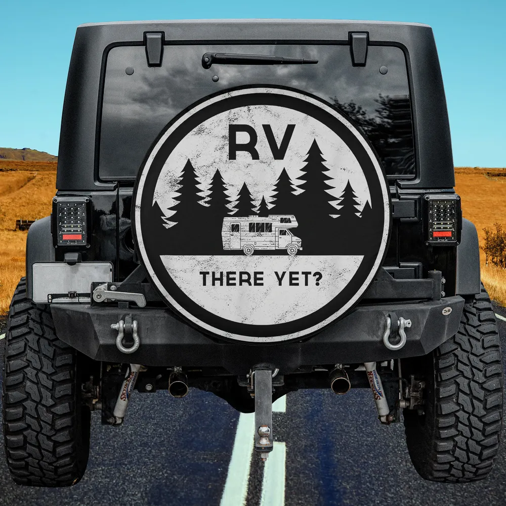 Camper forest RV there yet spare tire cover with pine trees and camper design, no camera hole